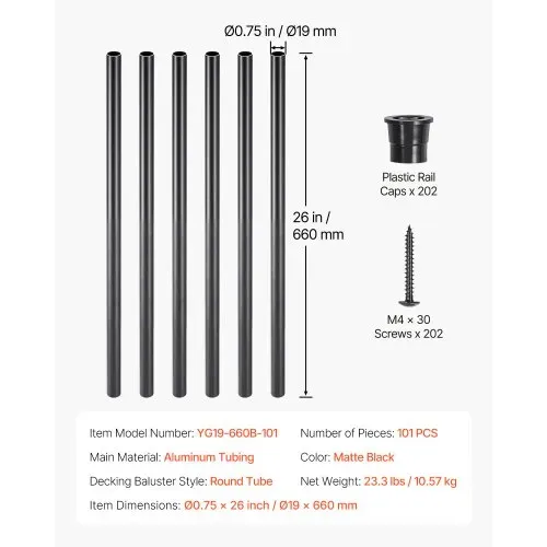 VEVOR Treppengeländer, 101er-Pack, 66 cm Alu-Treppenbaluster, 3/4 Zoll Metallspindelgeländer, Hohldeckgeländer mit Geländerkappen & Schrauben für Treppen, Veranda, Terrasse, Mattschwarz – Bild 6