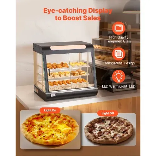 VEVOR 3-stöckige Wärmetheke 100 L, Warmhaltevitrine 1200 W, Warmhaltetheke 30–85 °C, Speisenwärmer mit LED-Beleuchtung & Verstellbaren Ablagen, Speisevitrine für Hamburger Pizza Brot Brathähnchen – Bild 3