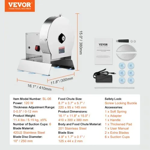 VEVOR Elektrischer Gemüsehobel, 0–12 mm Dicke, Einstellbare kommerzielle Schneidemaschine, Manueller Edelstahl-Lebensmittelschneider, Aufschnittmaschine, für Kartoffeln, Zitronen, Tomaten, Äpfel – Bild 6