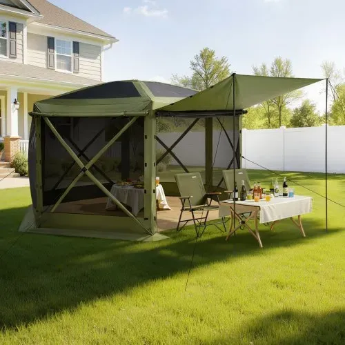 VEVOR Pop-up-Pavillon, 3,6x3,6 m, großes 6-seitiges Campingzelt mit abnehmbarem Dach & Tragetasche, Partyzelt, Sonnenschutz für 8-10 Personen, für Garten & Terrasse, Grün – Bild 7