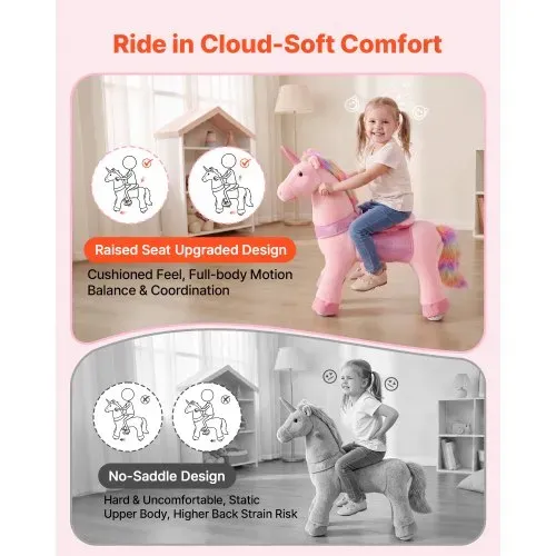 VEVOR Reitpferd auf Rollen 80cm, 50kg Belastbares Stehpferd mit Soundfunktion, Spielpferd mit Erhöhtem Sitz Griffen Pedalen, Rosa Einhorn mit Regenbogenmähne zum Reiten für Kinder Mädchen 3-8 Jahren – Bild 5