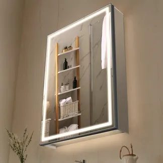 VEVOR beleuchteter Medizinschrank mit Spiegel (50 x 70 cm), Einbau- oder Wandmontage, 3-farbig dimmbarer LED-Badezimmerschrank mit Bodenbeleuchtung, verstellbarer Regalaufbewahrung VEVOR beleuchteter Medizinschrank mit Spiegel (50 x 70 cm), Einbau- oder Wandmontage, 3-farbig dimmbarer LED-Badezimmerschrank mit Bodenbeleuchtung, verstellbarer Regalaufbewahrung