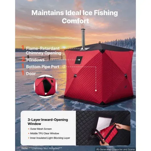 VEVOR Eisangelzelt Eisfischerzelt für 3-4 Personen 1,8x1,8x2m Zelt Isoliert, für Winterfischen, 3,13 m² Fläche, 600D 4-Lagiges Gewebe, Tragbares, Hub-Style-Angelzelt mit Ankern, Seilen, Tragetasche, Rot – Bild 5