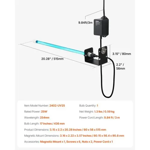 VEVOR HVAC-Luftreiniger, 25 W, 254 nm, UV-UVC-Licht-Spulenreiniger mit Magnet im Kanal für AC-Kanäle (Klimaanlagen), Luftwäscher mit 1 Ersatzbirne, HVAC-UV-Lampen, Air-Purifier für Klimaanlagen – Bild 6
