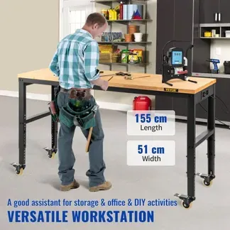 VEVOR Werkbank, höhenverstellbar, 154,9 x 50,8 cm, Garagentisch mit 79,5 cm – 104,9 cm Höhe und 725,7 kg Kapazität, Steckdosen und Hartholzplatte und Metallrahmen und Lenkrollen, für Werkstatt Büro Zu VEVOR Werkbank, höhenverstellbar, 154,9 x 50,8 cm, Garagentisch mit 79,5 cm – 104,9 cm Höhe und 725,7 kg Kapazität, Steckdosen und Hartholzplatte und Metallrahmen und Lenkrollen, für Werkstatt Büro Zu