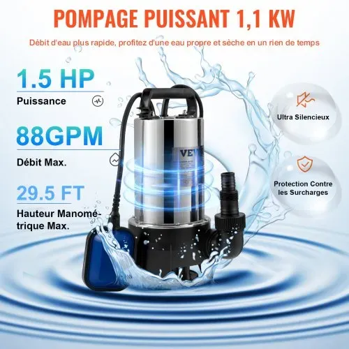 VEVOR Tauchpumpe 1100W Schmutzwasserpumpe 230V Gartenpumpe Durchfluss 333,3L/min Schmutzwassertauchpumpe IPX8 Auslass zuschneidbar zum Pumpen von Wasser aus Schwimmbädern Teichen – Bild 2