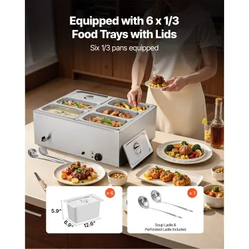 VEVOR kommerzieller Speisenwärmer (6 x 1/3 Größe Behälter), 1,5 kW elektrischer Wärmebehälter aus Edelstahl mit Abdeckung & Suppenkelle, Chafing Dishes Set für Catering Restaurant Party – Bild 2