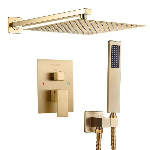 VEVOR Duscharmatur Regenduschsystem fürs Badezimmer Duschsystem mit 254 mm quadratischen Regenduschkopf & Handbrause, wandmontierte Badezimmerarmaturen mit Messingventil & Zierset, gebürstetes Gold – Bild 9