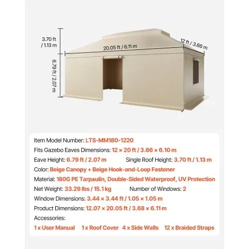 VEVOR Winterabdeckung, passend für 3,66 x 6,1 m Pavillons mit Doppeldach, Ersatzabdeckung mit Seitenwänden & Netzfenstern, Lagerschutzabdeckungen, Pavillons nicht im Lieferumfang enthalten – Bild 6