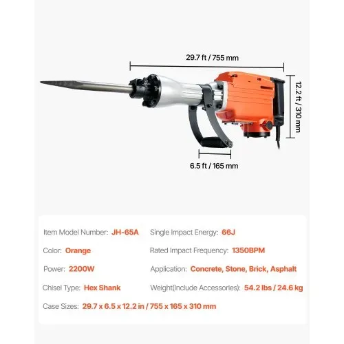 VEVOR Abrisswagenheberhammer, 2200 W, Elektrischer Jackhammer, Strapazierfähig, 1400 BPM Betonbrecher 4 Stück Meißel Bit, Handschuhe – Bild 6