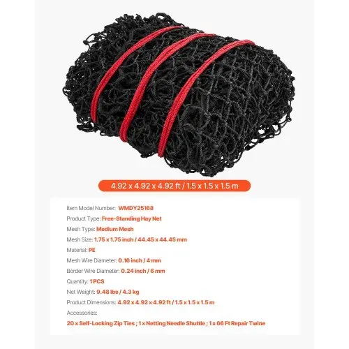 VEVOR Heunetz Rundballen, 1,5x1,5x1,5 m, Maschenweite 44,45x44,45 mm, PE-Material, verstärkte Knotenkonstruktion, mit Kabelbindern, Nadelschiffchen & Reparaturgarn, Futternetz für Pferde – Bild 6
