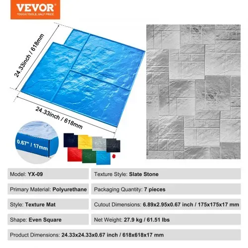 VEVOR Betonstempelmatte, 61 x 61 cm, 7 Stück, Betonstrukturhaut, Polyurethan-Stempel, Steinfliesen-Strukturmatte, Schieferbodenabdruck, nahtloser Stempel, Betonformen für dekorative Außenbereiche, mehrfarbig – Bild 6