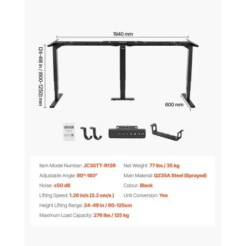 VEVOR Höhenverstellbarer Schreibtisch Gestell L-Form, Winkelverstellbares Tischgestell bis 125kg, 3 Stufige Tischbeine mit 3 Motoren Speicherfunktion Höhenanzeige Kollisionschutz USB für Büro, Schwarz – Bild 6