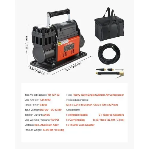 VEVOR Tragbarer Luftkompressor, Reifenfüller mit automatischer Abschaltfunktion, LCD-Digitalanzeige, 202 L/min, 10,3 bar, Offroad-Luftpumpe mit Adaptern für LKW, PKW, SUV, Geländewagen & RV – Bild 6