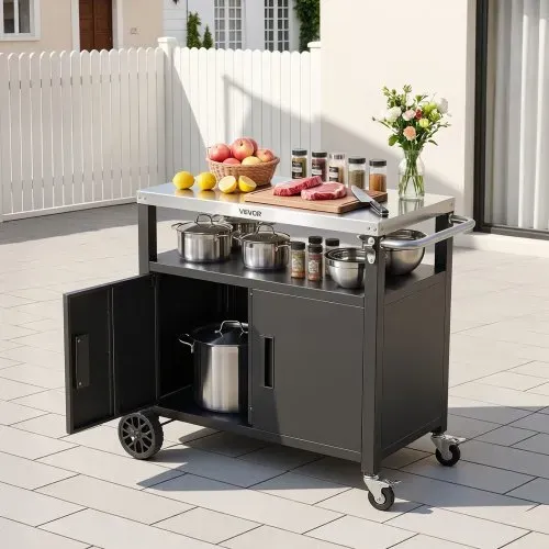 VEVOR Outdoor-Grillwagen mit Aufbewahrungsschrank, 92 cm Grilltisch mit Edelstahlplatte, Griff, Rollen und Flaschenöffner, Küchenwagen & Servierwagen für Terrasse, Garten, Bar und BBQ-Bereich – Bild 7