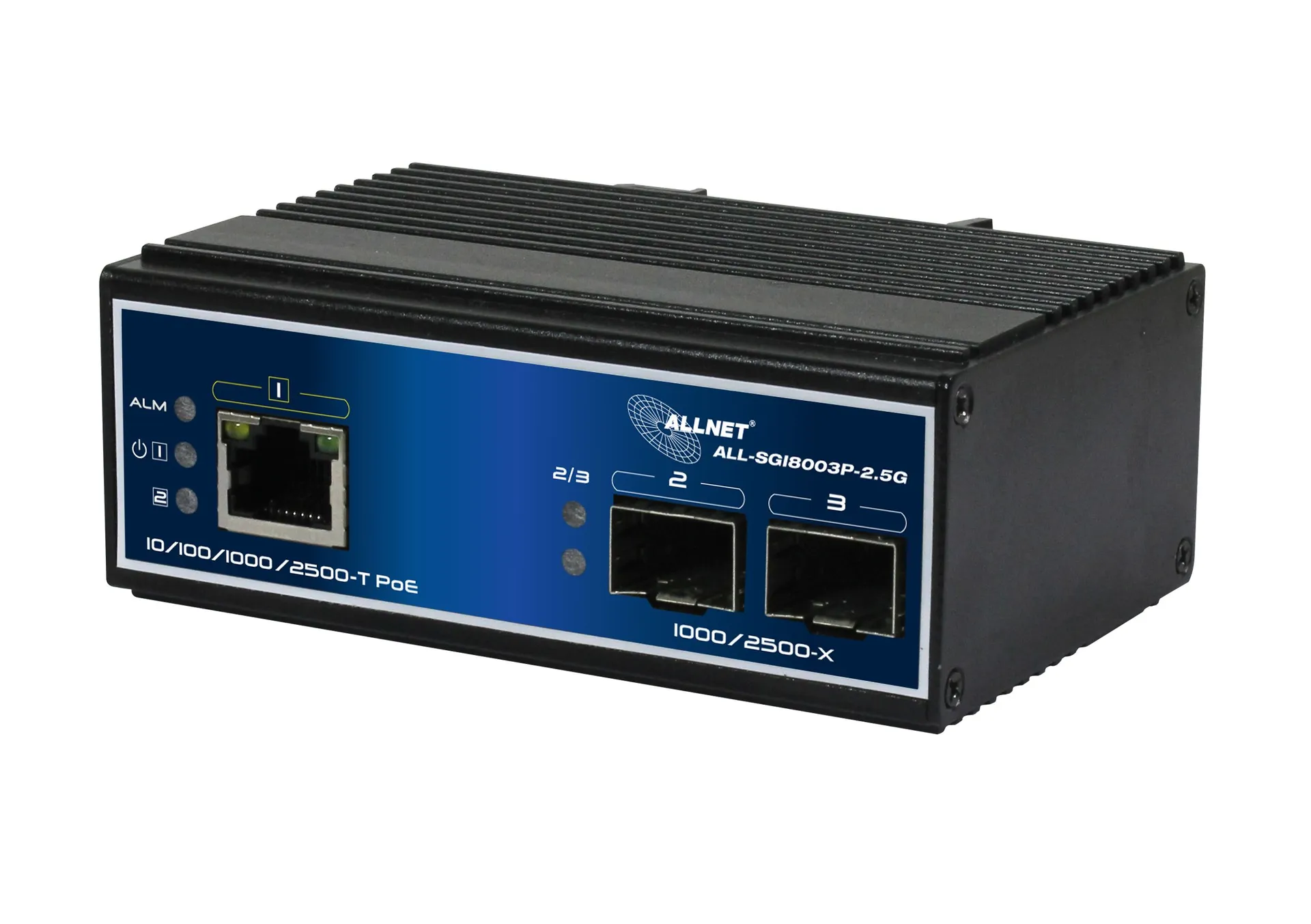 ALLNET Switch industrial unmanaged Layer2 3 Port 2.5 GbE • PoE Budget 90W • 1x PoE bt • 2x SFP 1G/2.5G • Lüfterlos • DIN • IP40 • ALL-SGI8003P-2.5G – Bild 2