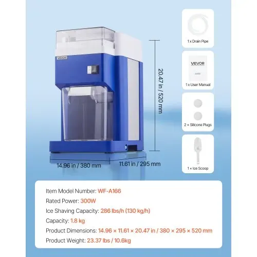 VEVOR kommerzielle Eisrasiermaschine Schneekegelmaschine 1,8 L, fein und fluffig mit 300-W-Motor & Edelstahlklingen, gewerblicher Eiscrusher für Dessertladen Familientreffen Restaurant, Blau – Bild 6