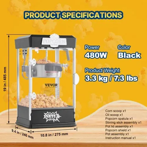 VEVOR Popcornmaschine Popcornautomat Popcorngerät 480 W Popcornmaschine, Popcorn Maker 4 oz Kessel für 1,5 Gal pro Ladung, Tisch-Popcornmaschine Popcorn Maschine inkl. 3 Schaufeln Kino-Stil Schwarz – Bild 6