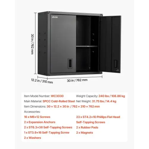 VEVOR Hängeschrank Werkstatt, 762x310x762 mm, Werkzeugschrank aus Stahl mit abschließbaren Türen & verstellbarem Regal, Wandhängeschrank für Garage, Keller, Küche, Lager, schwarz – Bild 6