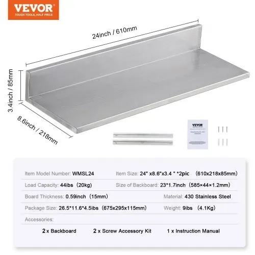 VEVOR Gewürzregal Wandregal 2-teilig, Hängendes Küchenregal 610 x 218 x 85 mm, Schweberegal Edelstahl 20 kg Belastbar, Regalbrett Wandboard Gewürzregal Geeignet für Küchen, Restaurants, Hotels usw. – Bild 6