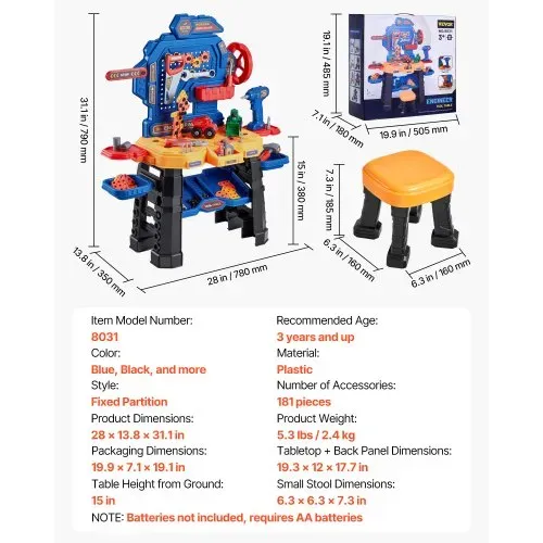 VEVOR Kinder-Werkbank, 181-teilig, Werkzeugbank mit realistischen Werkzeugen und elektrischer Bohrmaschine, Bauwerkzeuge für Kinder, Kleinkind-Werkbank-Lernspielzeug für Kinder ab 3 Jahren – Bild 6