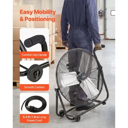 VEVOR Bodenventilator Ø609,6mm, Windmaschine 360° Neigbar, Standventilator mit 3 Geschwindigkeitsstufen, Trommelventilator Tragbar mit Griff Rollen & 1,6m Kabel, Industrie-Ventilator für Garage Lager – Bild 5
