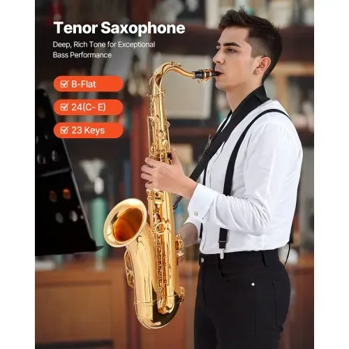 VEVOR Tenorsaxophon, B-Dur, Messingsaxophon-Anfängerset mit Tragetasche, Mundstück, Gurten, Reinigungstuch, Handschuhen, Umhängeband, 23-Tasten-Tenorsaxophon-Set, für Anfänger & Schüler, Gold VEVOR Tenorsaxophon, B-Dur, Messingsaxophon-Anfängerset mit Tragetasche, Mundstück, Gurten, Reinigungstuch, Handschuhen, Umhängeband, 23-Tasten-Tenorsaxophon-Set, für Anfänger & Schüler, Gold