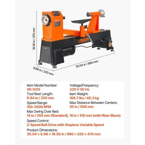 VEVOR Drechselbank 355 x 508 mm 750 W 1 PS Holzdrehmaschine 150-3500 U/min für Tischbeine und Spazierstöcke, Robuster Gusseisenrahmen, Überstromschutz, Erhöhungsblock und Zubehör für Holzarbeiten – Bild 6