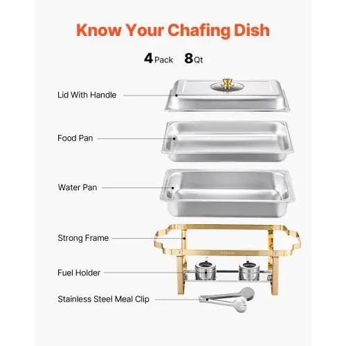 VEVOR Chafing Dish Set Speisenwärmer Edelstahl mit 4 Behältern in voller Größe (7,5 L pro), rechteckiger Wärmespender mit sichtbarem Deckel & Wasserpfannenständer & Brennstoffhalter, für Partys – Bild 4