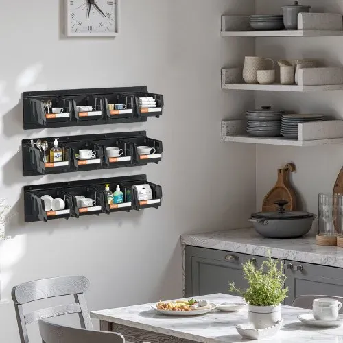 VEVOR Stapelboxen Wandmontage, 137x105x75mm (12er-Pack) & 3 Metallschienen, Sichtlagerboxen für Schrauben, Muttern, Bolzen, Nägel, Werkzeug-Organizer für Werkstatt, Bastelraum, Garage, Schwarz – Bild 7