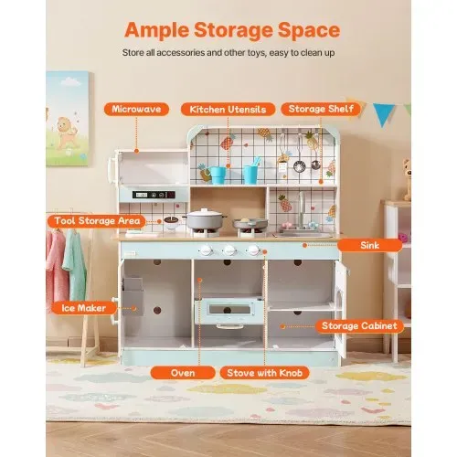 VEVOR Spielküche für Kinder, Holzspielzeug-Küchenset mit Lichtern und Geräuschen, Kleinkinderküche mit Eismaschine, Ofen, Spüle, Mikrowelle, Kühlschrank und Utensilien- und Obstzubehör für Kleinkinder im Alter von 3–8 Jahren, weiß – Bild 4
