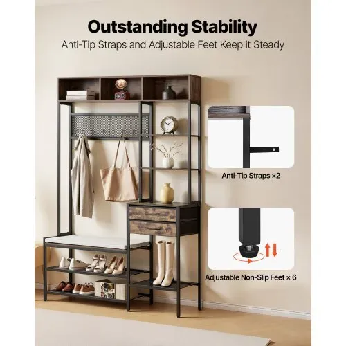 VEVOR Multifunktionale Flurgarderobe (120 x 40 x 180 cm) mit Schuhbank & 2 Schubladen, Garderobenständer mit Bücherablage & Metallgitter, Garderobe mit Stahlrahmen für Eingangsbereich Schlafzimmer – Bild 5