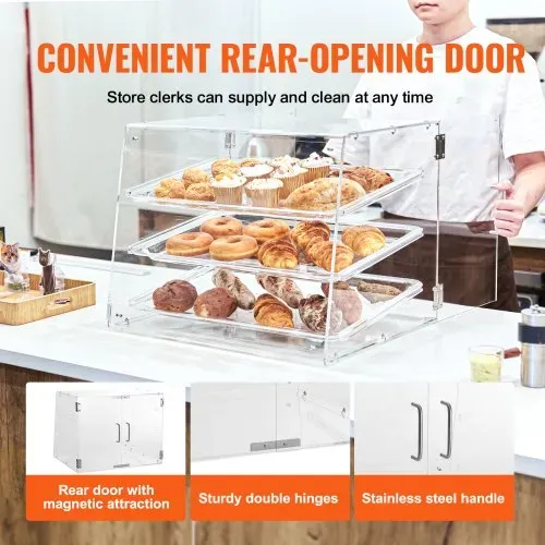 VEVOR 3-stöckige Gebäck-Vitrine, Kommerzielle Bäckerei-Vitrine 526 x 430 x 415 mm, Bäckerei-Vitrine, Acryl-Vitrine mit Zugang zur Hintertür & Abnehmbaren Regalen, für Donut-Bagels, Kuchen, Kekse usw. – Bild 4