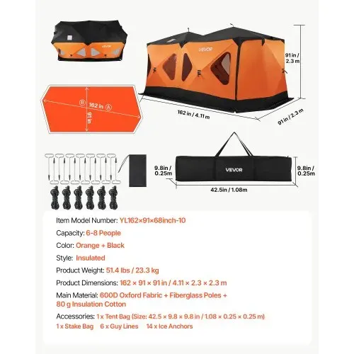 VEVOR Eisangelzelt Eisfischerzelt für 8-10 Personen 4,11x2,3x2,3 m Isoliert, fürs Winterangeln, 10,7 m² Fläche, 600D 4-Lagiges Gewebe, Tragbares Eisschutzzelt im Hub-Stil mit Ankern, Seilen, Tragetasche – Bild 6