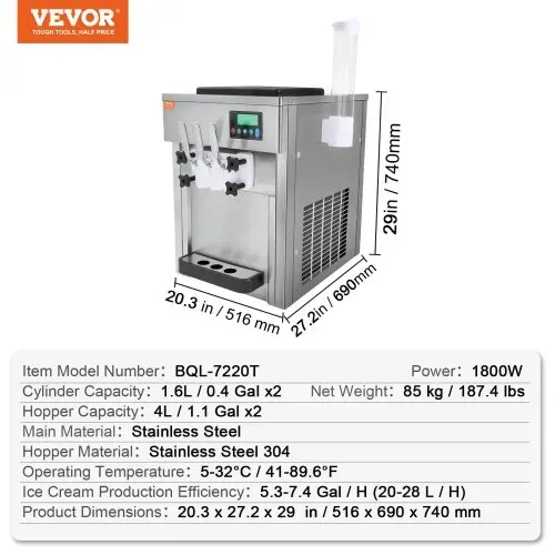 VEVOR Kommerzielle Eismaschine, 1800 W, 3-Geschmacksrichtungen, Softeismaschine Arbeitsplatte, 2 x 4 L Trichter, 2 x 1,8 L Zylinder, LCD-Bildschirm, Automatische Reinigung, Vorkühlung – Bild 6