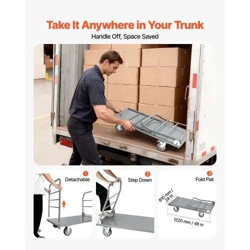 VEVOR Plattformwagen Klappbar 1202 kg, Schwerlast-Transportwagen mit abnehmbarem Geländer & Schwenkrädern, Industriewagen, für Supermärkte, Garagen & Lagerhallen, 1220x610x920 mm Rollwagen – Bild 4