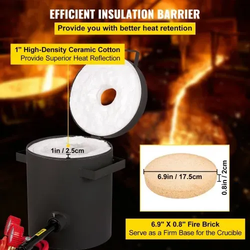 VEVOR Propan Schmelzofen 4 KG, Gas Metall Schmelzofen Propan Ton Grafit Tiegel, Schmiedeofen für Edelmetall Schmelzpunkt 1350 °C, Ofenboden 20 mm, Schmelzzeit 10 min, 2,54 cm Keramikfaser feuerfest – Bild 4