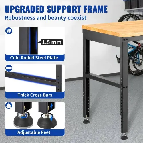 VEVOR Verstellbare Werkbank, 48" L x 20" B x 38,1" H Garagentisch mit 28,3"-38,1" Höhe und 2000 lbs Tragkraft, mit Steckdosen und Hartholzplatte und Metallrahmen und Fußpolstern, für Büro, Zuhause, Garage – Bild 5