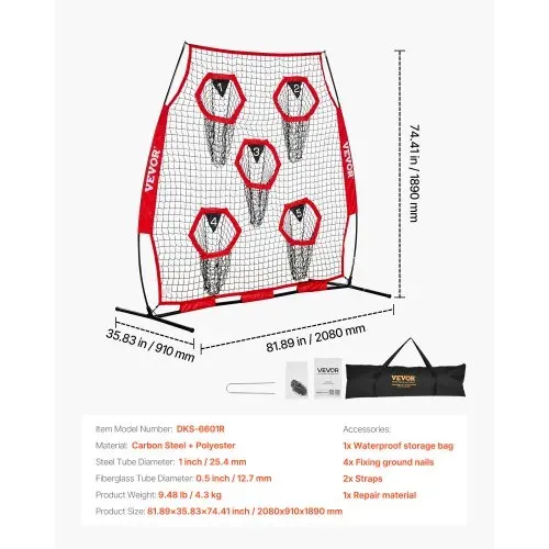 VEVOR Fußballtrainer Wurfnetz Übungsnetz (208 x 91 x 189 cm) mit 5 Zieltaschen & tragbarer Aufbewahrungstasche & Gurten & knotenlosem Netz, Training für die Passgenauigkeit des Quarterbacks, rot – Bild 6