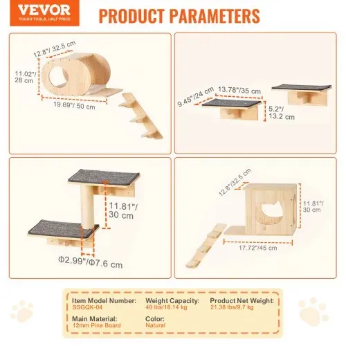 VEVOR Katzenregale zur Wandmontage, Katzenwandregale und Sitzstangen mit Sprungbrettern, Katzenbetten, Hängematten und Katzenbaum, Katzenmöbel und Regale bis zu 18 kg zum Schlafen, Spielen, Klettern, 7er-Set – Bild 6
