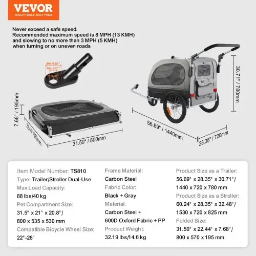 VEVOR Hundeanhänger 40 kg 2in1 Fahrradanhänger Kohlenstoffstahl + 600D Oxford-Gewebe + PP faltbar 1470 x 720 x 780 mm als Anhänger 1530 x 720 x 825 mm als Kinderwagen Hundebuggy Jogger Anhänger – Bild 6
