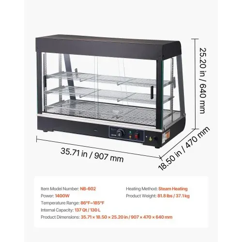 VEVOR 3-stöckige Wärmetheke 130 L, Warmhaltevitrine 1400 W, Warmhaltetheke 30–85 °C, Speisenwärmer mit LED-Beleuchtung & Verstellbaren Ablagen, Speisevitrine für Hamburger Pizza Brot Brathähnchen – Bild 6