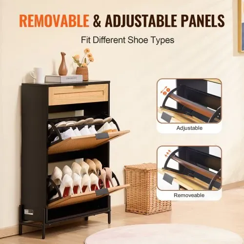 VEVOR Schuhschrank Schuhkommode aus Rattan mit 2 Klappschubladen & 1 Ausziehschublade, Metallbeine, schmaler Schuhschrank ideal für Eingangsbereich Diele Schrank Flur Schuhkipper Schwarz – Bild 6