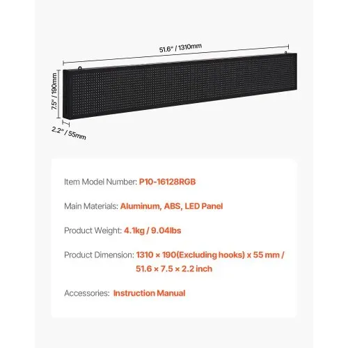 VEVOR programmierbare LED Zeichen P10 Vollfarbe flexibles digitales Scrolling Panel, DIY Anzeigetafel mit benutzerdefiniertem Textmuster und GIF & Bluetooth App Steuerung (1310 x 190 x 55 mm) – Bild 6