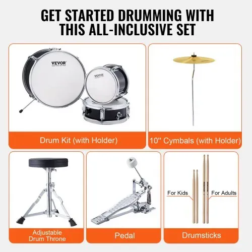 VEVOR Schlagzeugset, 3-teilig, Drum-Set mit verstellbarem Thron-Becken-Pedal, zwei Paar Drumsticks, ca. 20 cm Tom Drum, ca. 25 cm Snare Drum, ca. 36 cm Bass Drum, Schlagzeugset für Kinder, schwarz – Bild 5