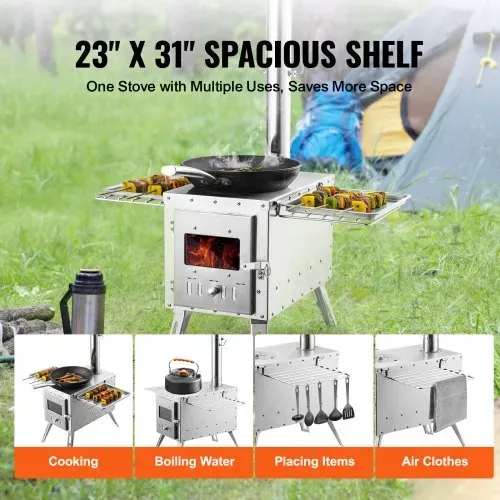 VEVOR Holzofen, 590 x 790 x 2620 m, Camping-Zeltofen aus Edelstahl, Holzofen mit Kaminrohren und Handschuhen, 1646 Kubikzoll großer Feuerraum-Zeltofen zum Kochen und Heizen im Freien mit 8 Rohren – Bild 2
