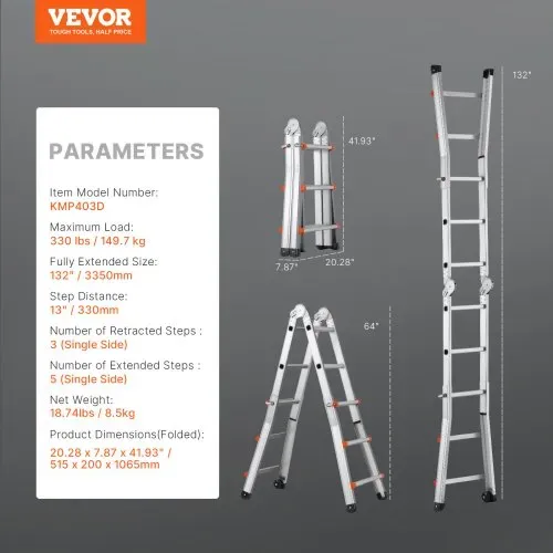 VEVOR Teleskopleiter mit A-Rahmen, 3350 mm, kompakte Aluminium-Ausziehleiter, multifunktionale, tragbare, zusammenklappbare Wohnmobilleiter, Teleskopleiter für Hausaufgaben, Treppen, Innen- und Außendächer, 150 kg Tragkraft – Bild 6