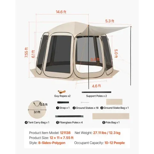 VEVOR Campingzelt, 365,76x335,28x230 cm, Pop-up-Zelt mit ausziehbarer Markise, Partyzelt für 10–12 Personen, inkl. Tragetasche & Netz-Seitenwände, für Terrasse & Outdoor-Aktivitäten, Beige – Bild 6