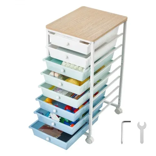 VEVOR Rollwagen mit 8 Schubladen Rollcontainer 400x330x715mm Grün Blau Weiß, Metallgestell, Holztischplatte, Handgriffe, Lenkrolle mit 2 Bremsen, Mobiler Schubladenwagen für Büro Werkstatt Klassenzimmer – Bild 8