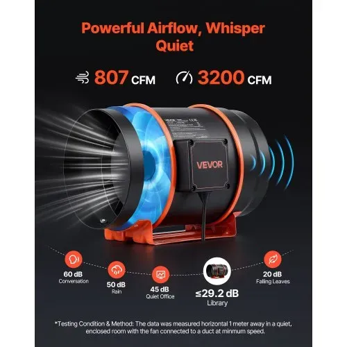 VEVOR 203mm Rohrventilator Regelbar, 1372m³/h Inline-Rohrlüfter mit PWM & App-Steuerung, Kanalventilator mit 10 Stufen 9h Timer & EC-Motor, Abluftventilator für Gewächshaus Badzimmer Keller Rauchabzug – Bild 3